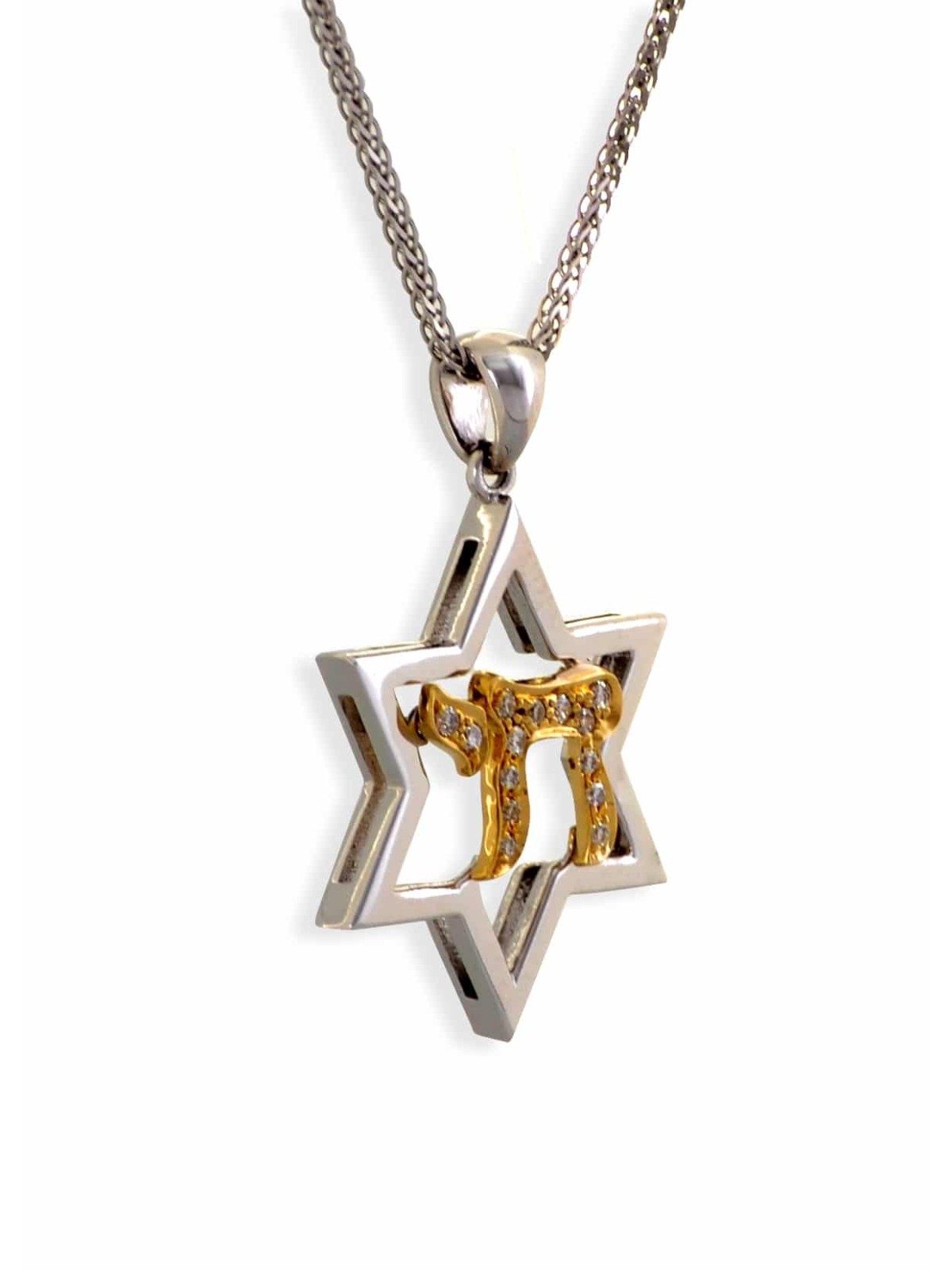 שרשרת מגן דוד וחי מזהב לבן עם די , מתנות ט"ו באב , א